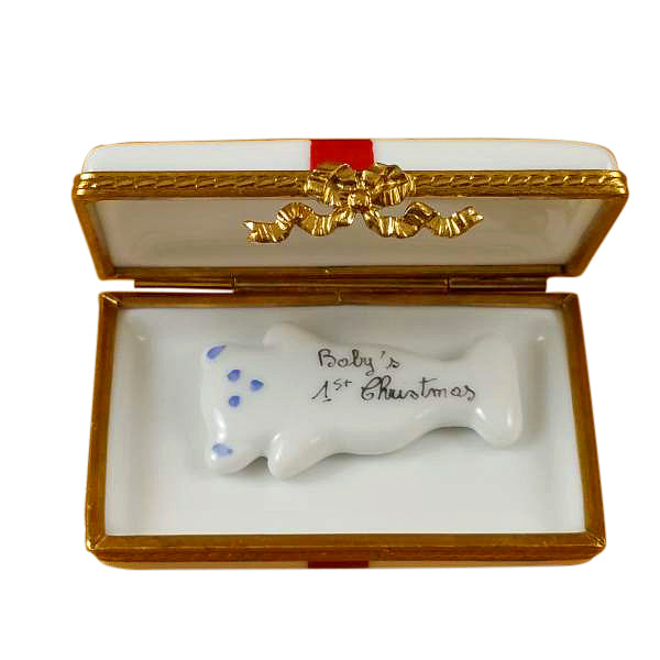 Load image into Gallery viewer, Rochard &quot;Gift Box with Red Bow - Baby&#39;s First Christmas - Blue&quot; Limoges Box
