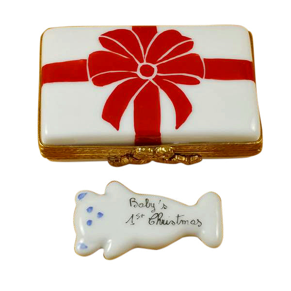 Load image into Gallery viewer, Rochard &quot;Gift Box with Red Bow - Baby&#39;s First Christmas - Blue&quot; Limoges Box
