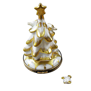 Rochard "White and Gold Christmas Tree with Removable Dove" Limoges Box