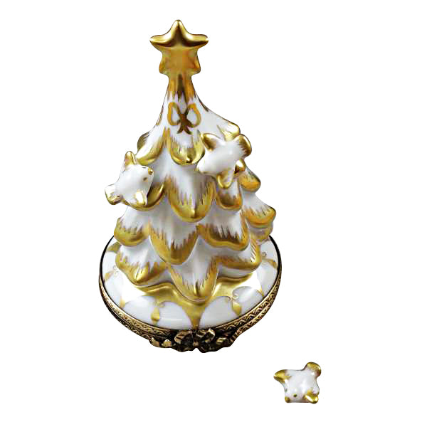 Load image into Gallery viewer, Rochard "White and Gold Christmas Tree with Removable Dove" Limoges Box
