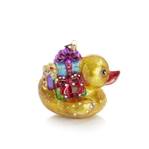 Jay Strongwater Golden Ducky Carrying Gifts Glass Ornament