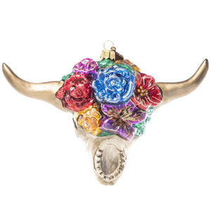 Jay Strongwater Cow Skull With Flowers Glass Ornament
