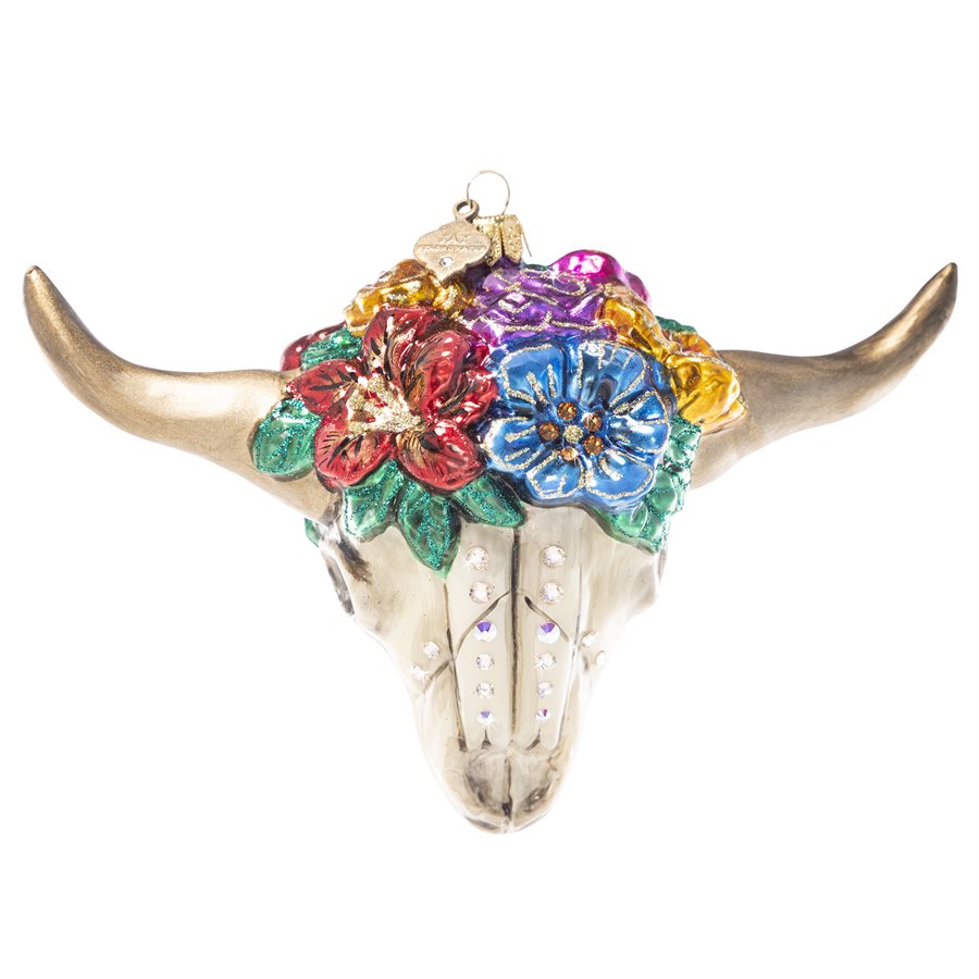 Jay Strongwater Cow Skull With Flowers Glass Ornament