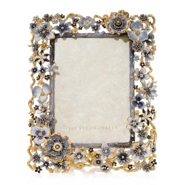 Load image into Gallery viewer, Jay Strongwater Ophelia Cluster Flower 5&quot; x 7&quot; Frame - Delft Garden Blue
