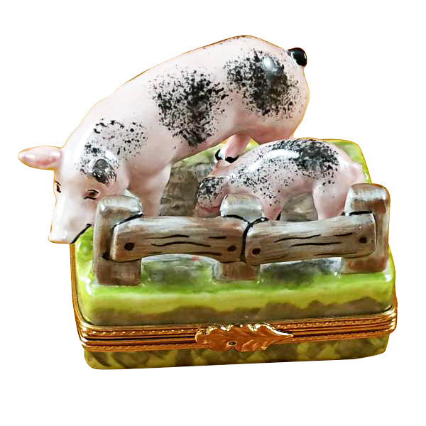 Load image into Gallery viewer, Two Spotted Pigs by Fence Limoges Box
