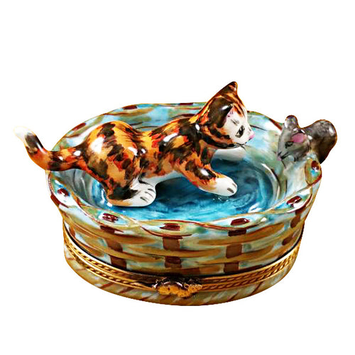 Cat in Basket with Mouse Limoges Box