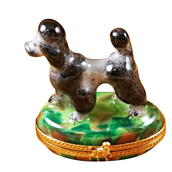Load image into Gallery viewer, Gray Poodle on Green Base Limoges Box

