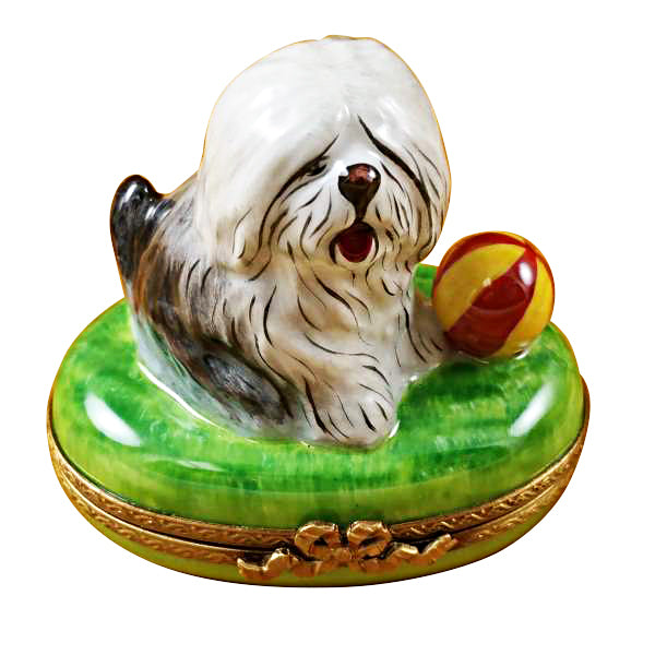 Load image into Gallery viewer, Old English Sheepdog with Ball Limoges Box
