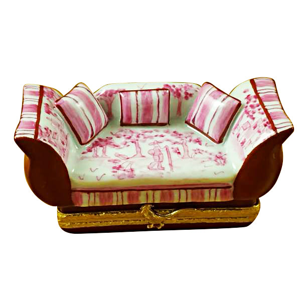 Load image into Gallery viewer, Pink Toile Sofa with Pillows Limoges Box

