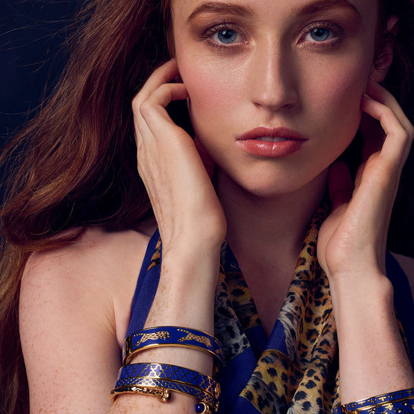 Load image into Gallery viewer, Halcyon Days - 13mm Leopard - Deep Cobalt - Gold - Hinged Bangle
