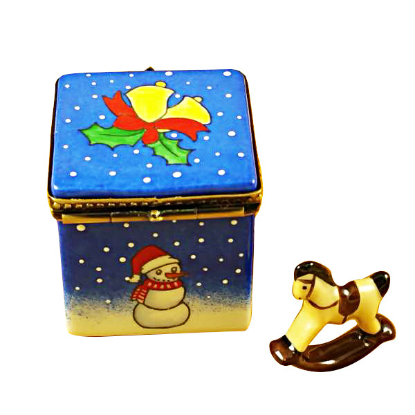Load image into Gallery viewer, Blue Christmas Cube with Rocking Horse Limoges Box
