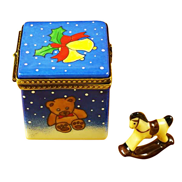 Load image into Gallery viewer, Blue Christmas Cube with Rocking Horse Limoges Box
