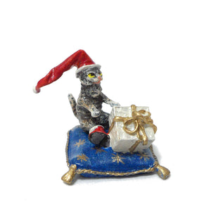 Cat On Pillow with Christmas Cap & Gift Vienna Bronze Figurine