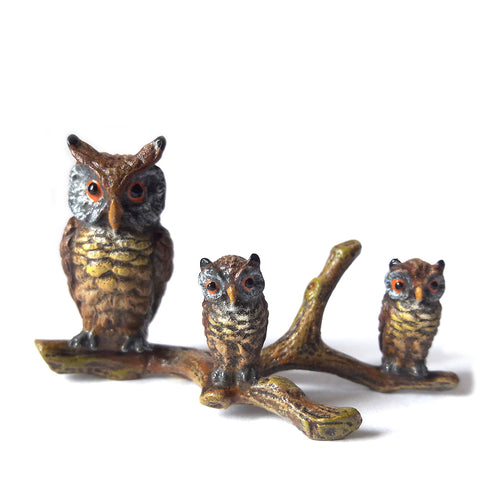 3 Owls On Branch Vienna Bronze Figurine