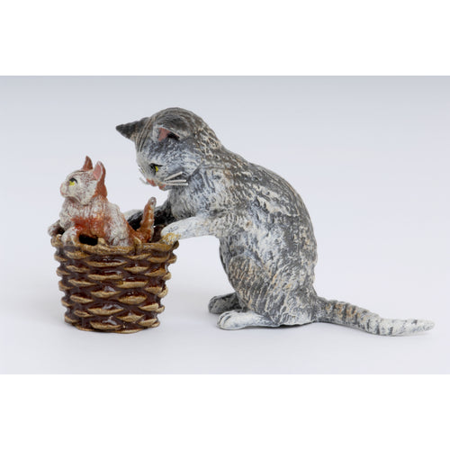 Cat Mother, Basket & Baby Vienna Bronze Figurine