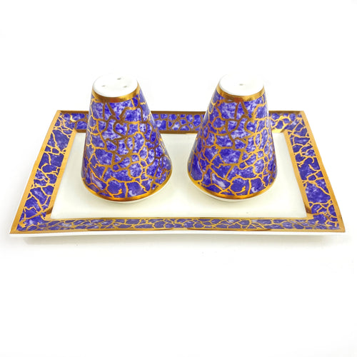 Michael Wainwright Amalfi Salt & Pepper With Tray--Turquoise With Gold Crackle Rim