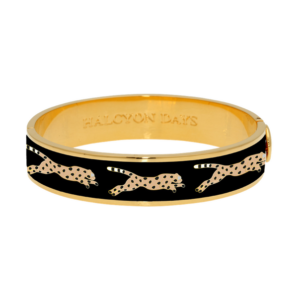 Load image into Gallery viewer, Halcyon Days - 13mm Leopard - Black - Gold - Hinged Bangle
