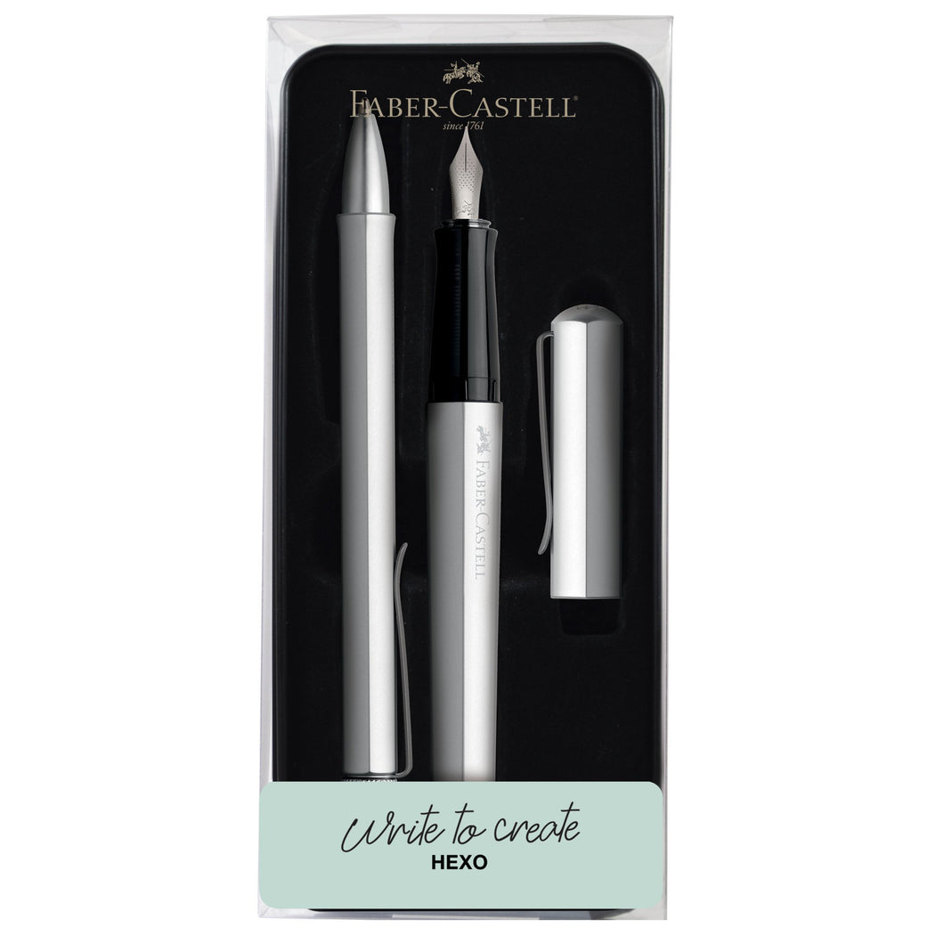 Faber-Castell Hexo Gift Tin with Fountain Pen and Ballpoint - Silver