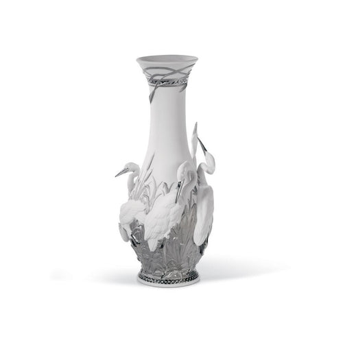 Lladro Herons' Realm Vase - Silver Lustre