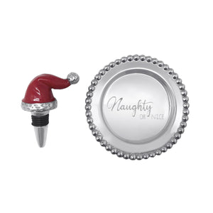 Mariposa Red Santa Hat & "Naughty or Nice" Wine Plate Set